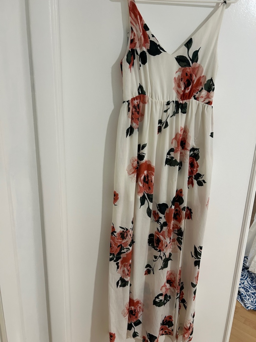 Cream Floral Maxi Dress with Coral Roses